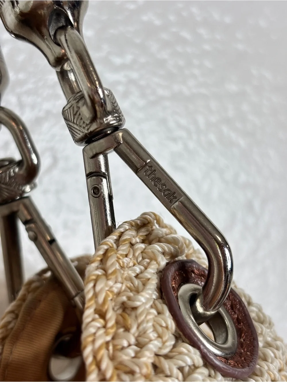 THE SAK Striped Crochet Leather Strap Hobo Purse Shoulder Bag Brown Cream